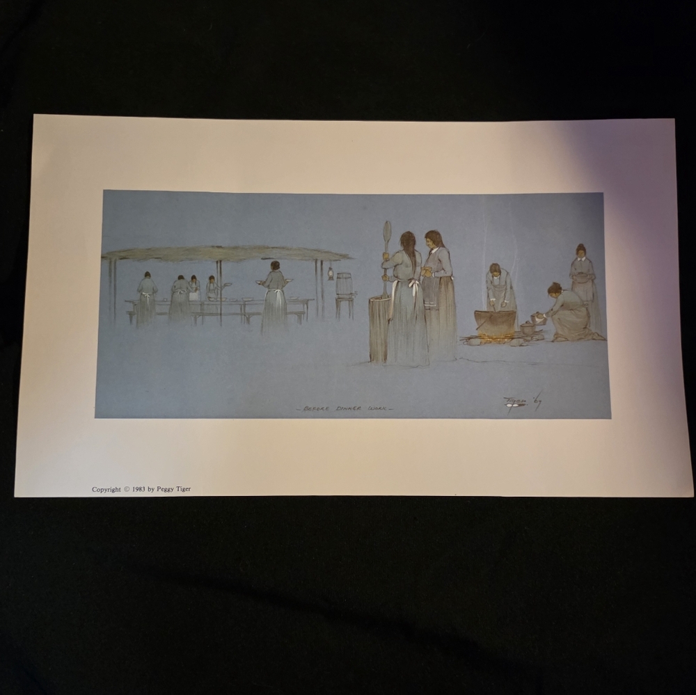 “Before Dinner Work” by Peggy Tiger – 1983 Native American Art Print – $100